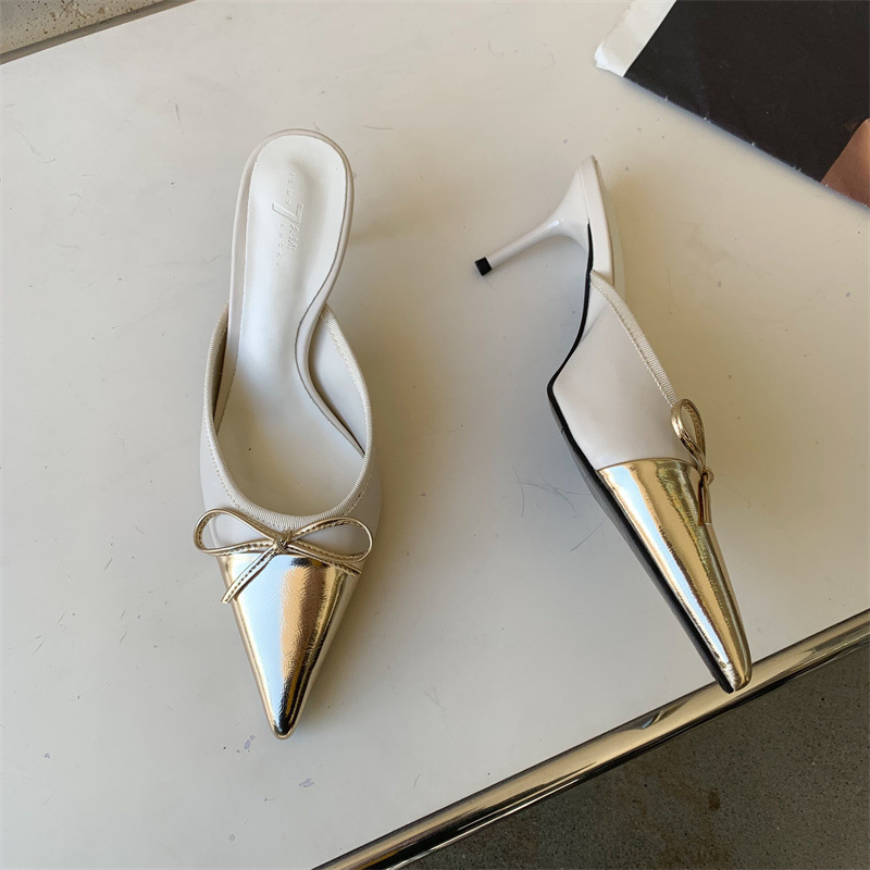 Designer Butterfly-knot Pointed Toe Mules Slipper For Women Fashion Shallow Thin High Heels Female Shoes EU35-39