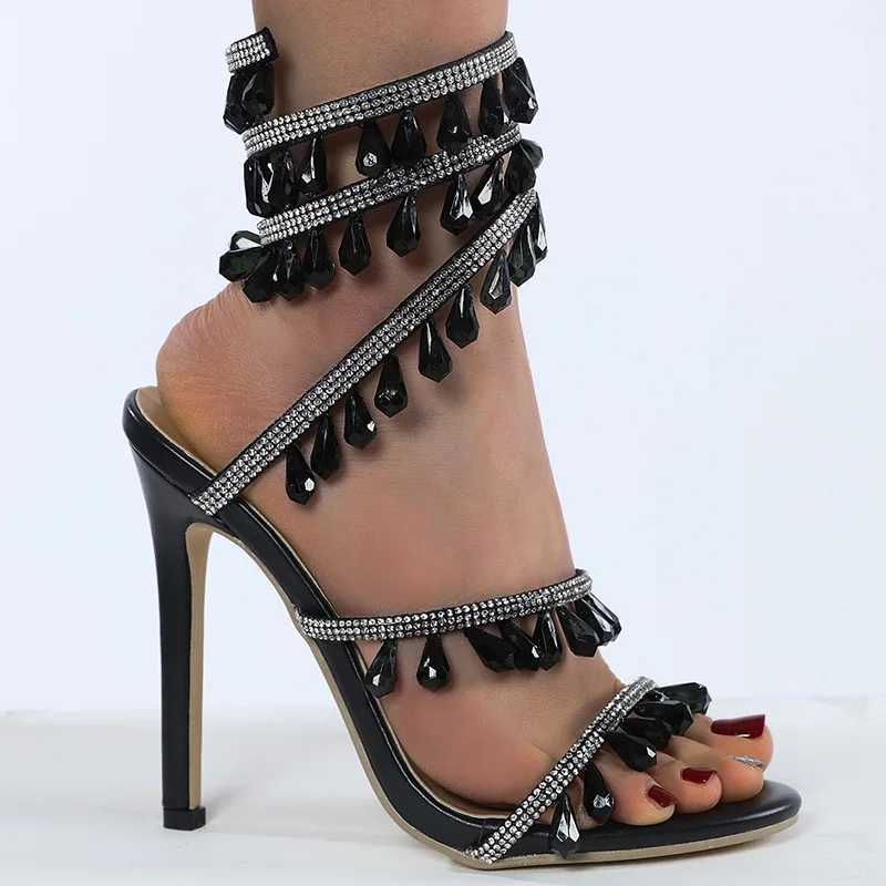 2024 New Snake Wrapped Water Diamd Tassel High Heel Sandals for Women Peep Toe Elegance Fairy Crystal Shoes Wedding ShoesXJ250116