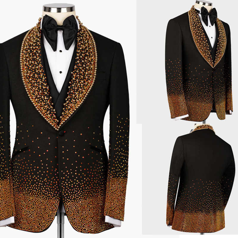 Handsome Customized Slim Fit Groom Tuxedos Designer New Fashions Mens Jackets Beading One Button Business Shawl Lapel Casual Pockets Bridegroom Tailor