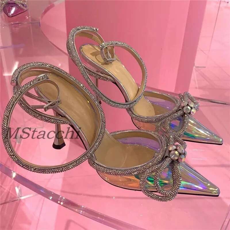 Glitter Rhies Women Pumps Crystal Bowknot Satin hot Sandals 2024 Summer Transparent High Heels Party Prom Designer Shoes
