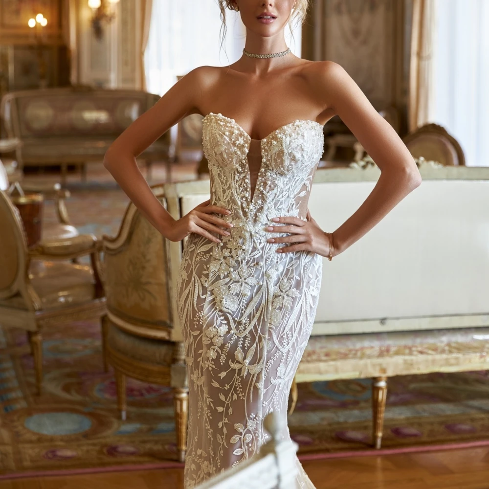 Mermaid Wedding Dresses For Women Sweetheart Neck Sleeveless Gown Lace Pearls Beaded Detachable Train Customized Dress