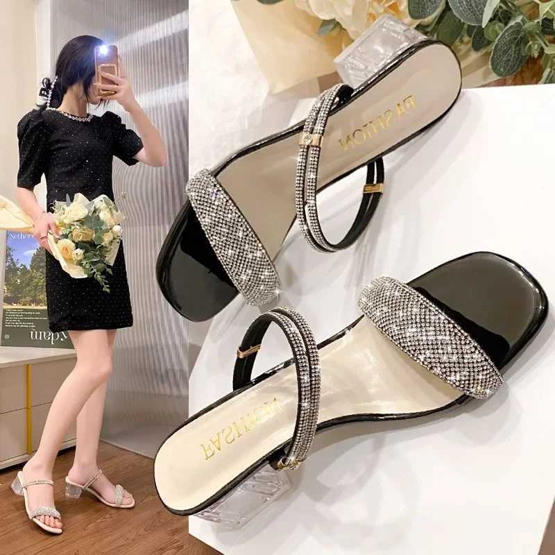 Shining gold Sier womens sandals summer 2024 crystal high heels party shoes womens comfortable thick high heels sliderXJ250407