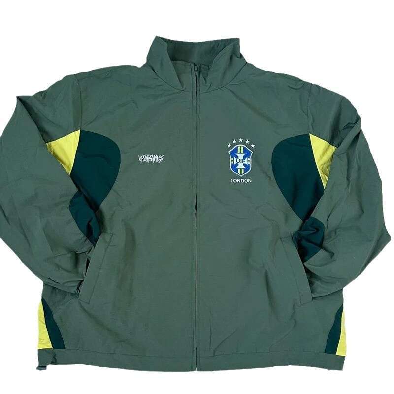 Men's and women's Brazilian printed embroidered casual windbreaker zipper sportswear fashionable pants green