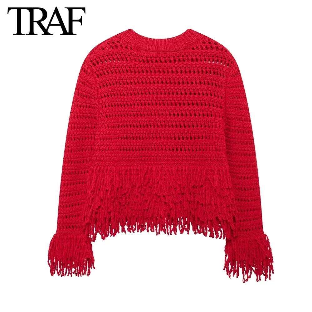 TRAF Women Fashion Autumn Winter New Solid Tassel Sweater Long Sleeves Round Neck Pullover Tops Chic Female Knit Sweaters Mujer