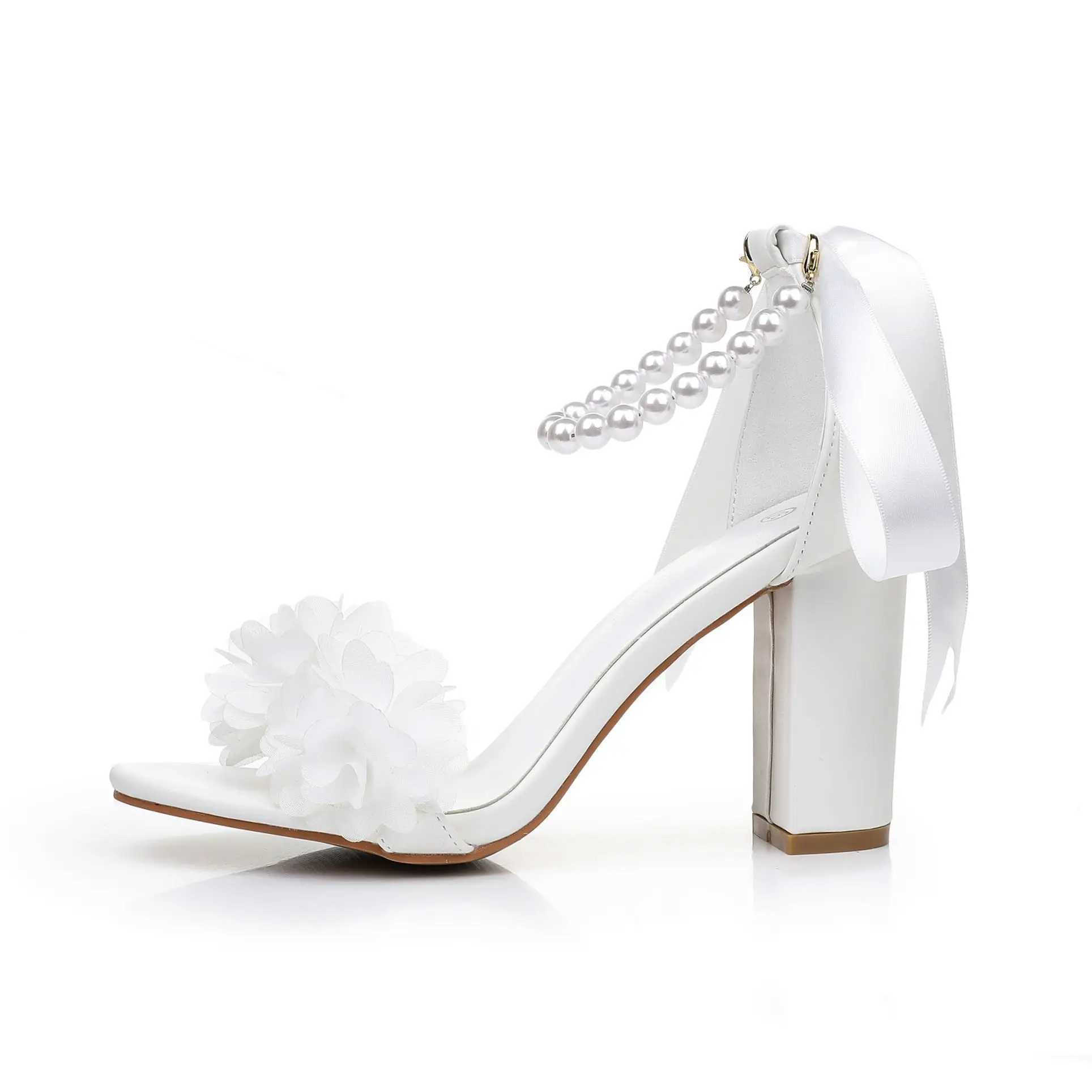 Crystal Queen Women White Flower Beaded Diamond High Heels Summer Shoes Peep Toe Buckle Strap Square SandalsXJ2500305