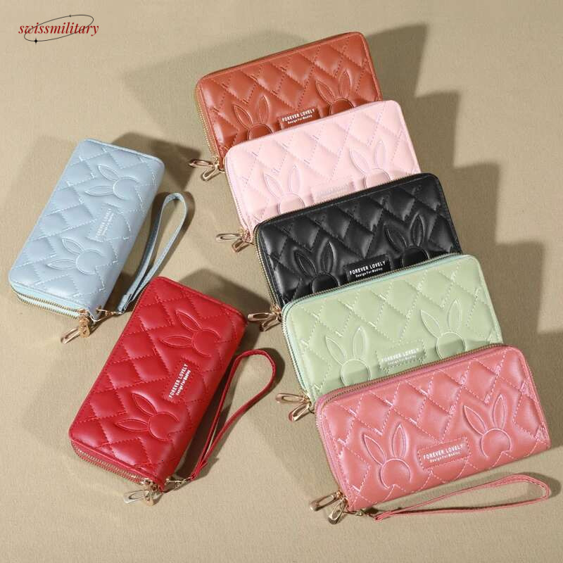 Trendy Solid Color Long Wallet, Double Zippers Clutch Coin Purse, Women's Faux Leather Card Holder With Wristband swissmilitary