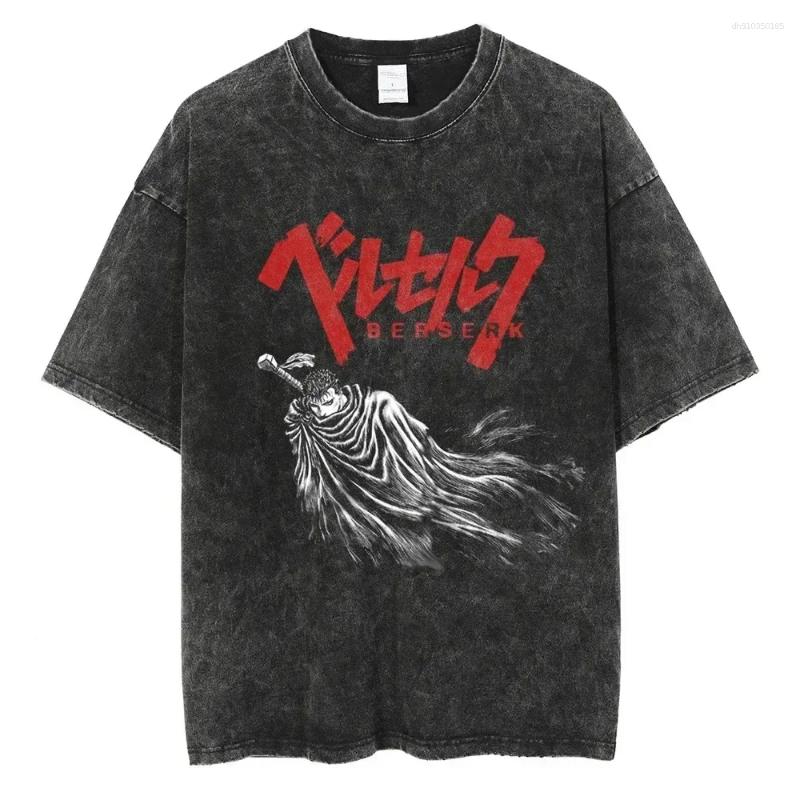 Men's T Shirts Berserk Print Shirt Men Vintage Washed T-Shirt Anime Guts Graphic Tshirt Hiphop Streetwear Tees Summer Casual Clothes