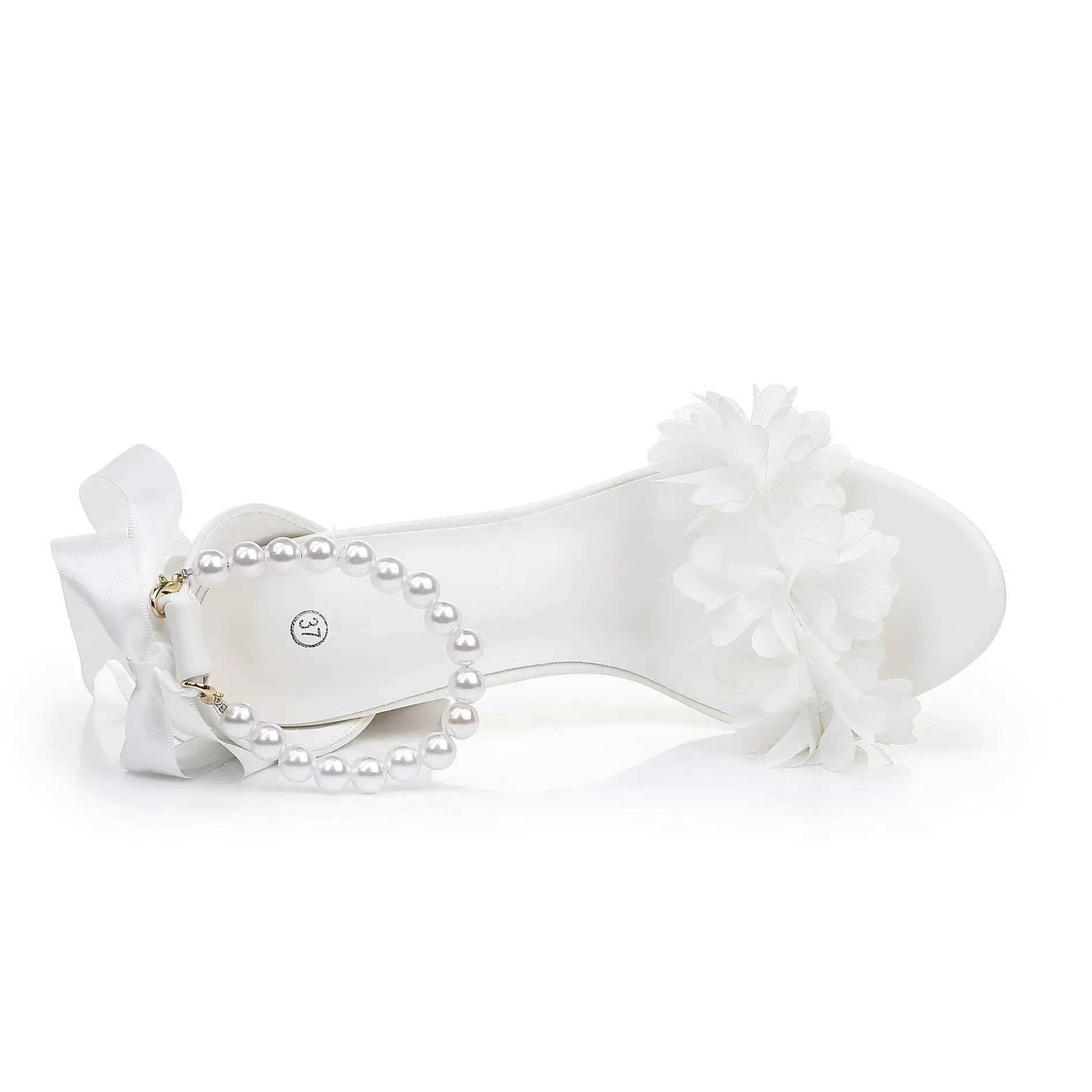 Crystal Queen Women White Flower Beaded Diamond High Heels Summer Shoes Peep Toe Buckle Strap Square SandalsXJ2500305