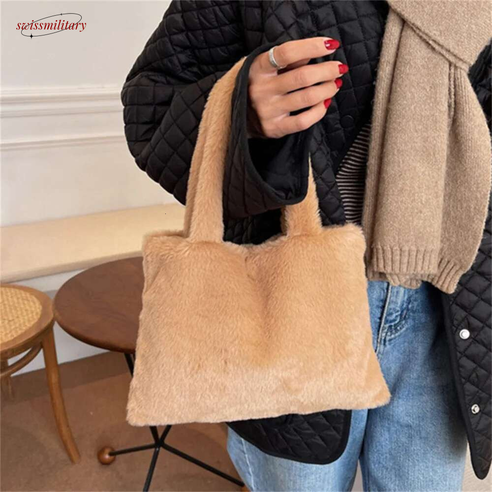Women Girls Fluffy Shopping Fashion Autumn Winter Top-handle Handbag Plush Tote Shoulder Bag swissmilitary