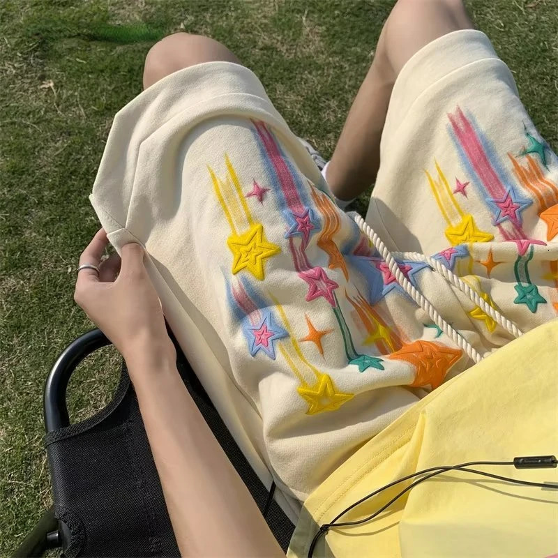 Star Graffiti shorts mens casual Y2k summer shorts hip-hop bag wide leg pants fashionable Harajuku oversized Korean daily sweat pants 250109