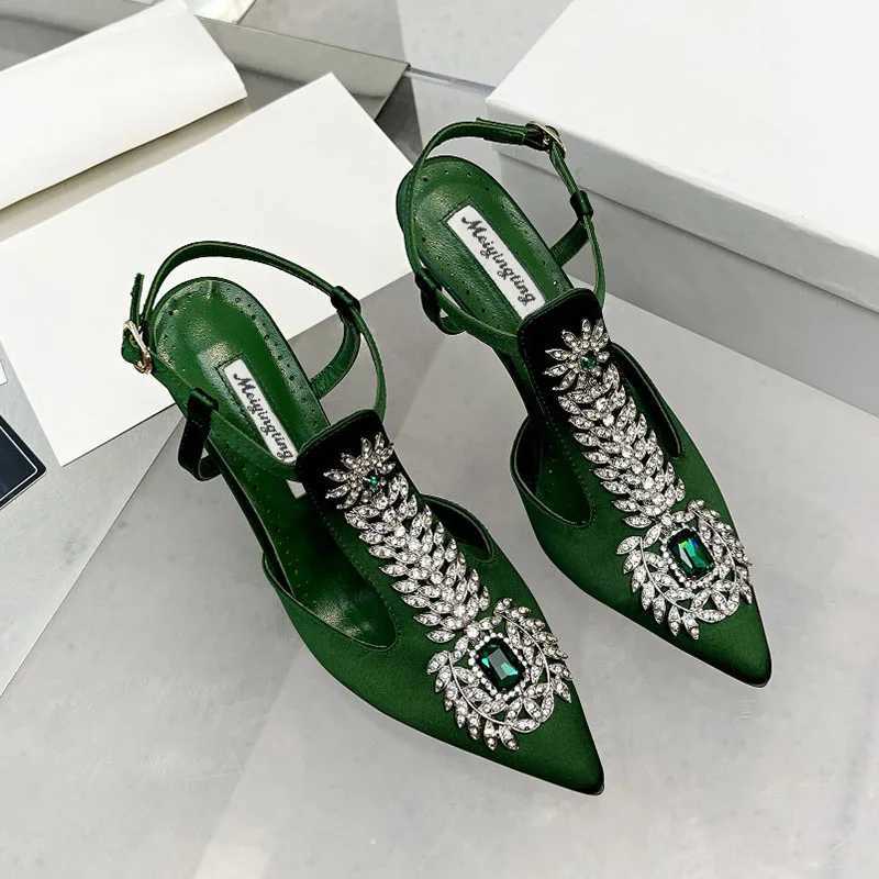 Ladies Wedding Shoes Rhine Pointed Toe High Heels Satin Gemste Stiletto Sandals 2022 New Baotou Fairy Pump Wedding ShoesXJ250116