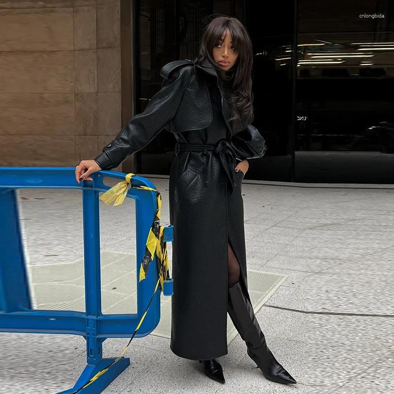 Women's Trench Coats High Street Leather Trenchcoat Women 2025 Early Spring Fashion Lapel Full Sleeves Double Breasted With Belt Female PU LETHER