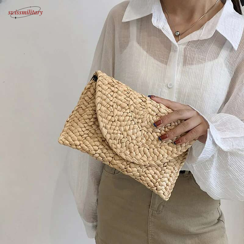 Fashionable Corn Husk Straw Bags Hand-woven Women Clutch Envelope Handbag Long Purse For Female Summer Beach Bag bolsa 2024 swissmilitary