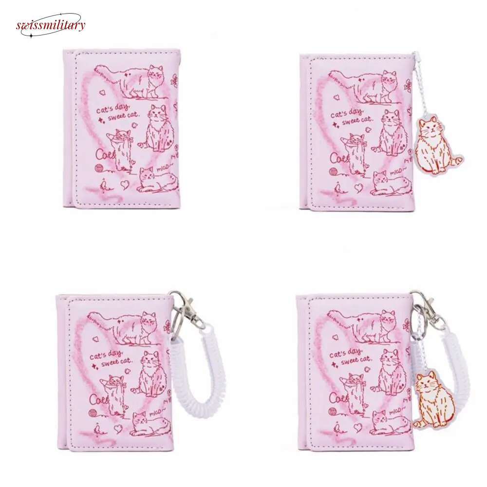 Portable Letter Printed Pink Cat Sewn Pendant PU Zero Wallet Waterproof Spring Rope Short Money Bag Shopping swissmilitary
