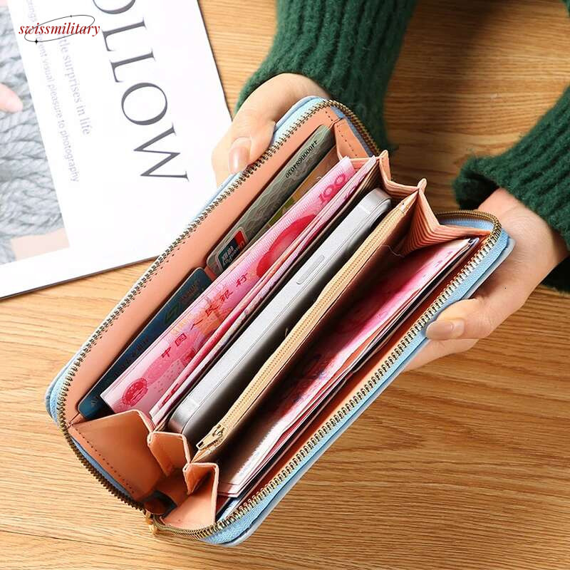 Wallets for Women Large Capacity Hasp Zipper Coin Purse Pu Leather Holder Multi Card Organizer Cell Phone Wristlet .Handbag swissmilitary