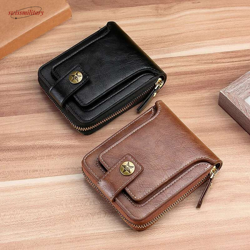 Vintage RFID Blocking Men's PU Leather Short Purse Men Hasp Zipper Clutch Solid Color Credit Card Holder Retro Wallet swissmilitary