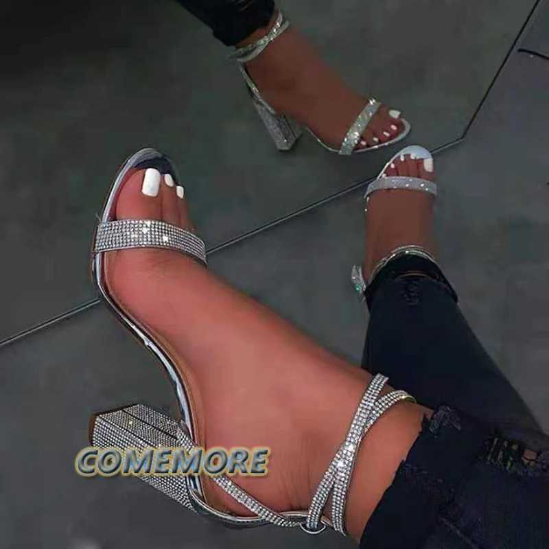 Shiny Gold Rhines Chunky Heels Sandals Women Sexy Cross Ankle Strap Sier High Heels Summer Party Dress Shoes Ladies PumpsXJ250116