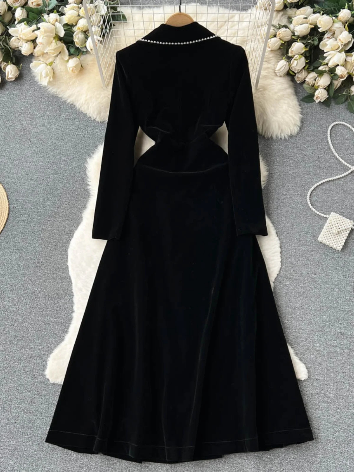 Autumn Winter Thicken Black Velvet Trenches Coat Long Windbreakers Overcoats 250107