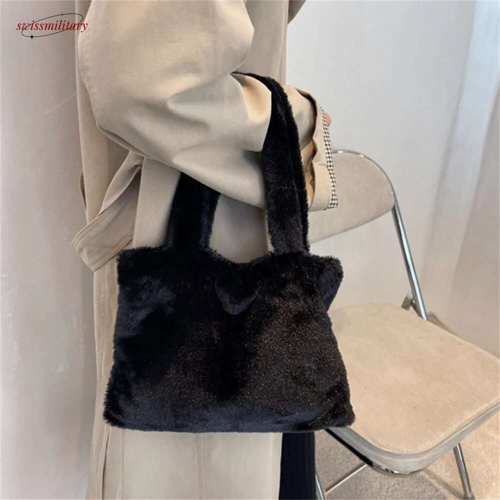 Women Girls Fluffy Shopping Fashion Autumn Winter Top-handle Handbag Plush Tote Shoulder Bag swissmilitary