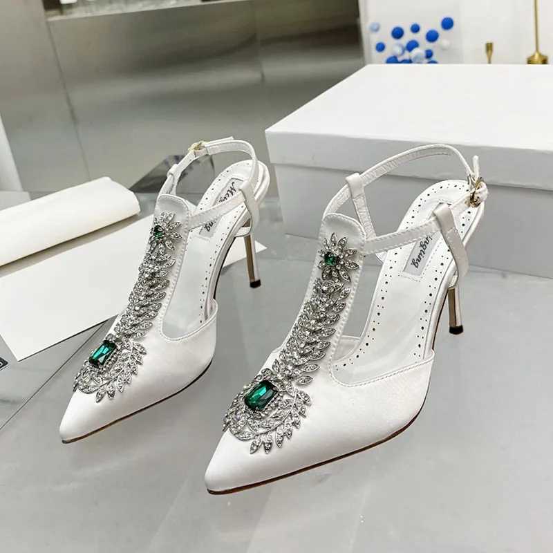 Ladies Wedding Shoes Rhine Pointed Toe High Heels Satin Gemste Stiletto Sandals 2022 New Baotou Fairy Pump Wedding ShoesXJ250116