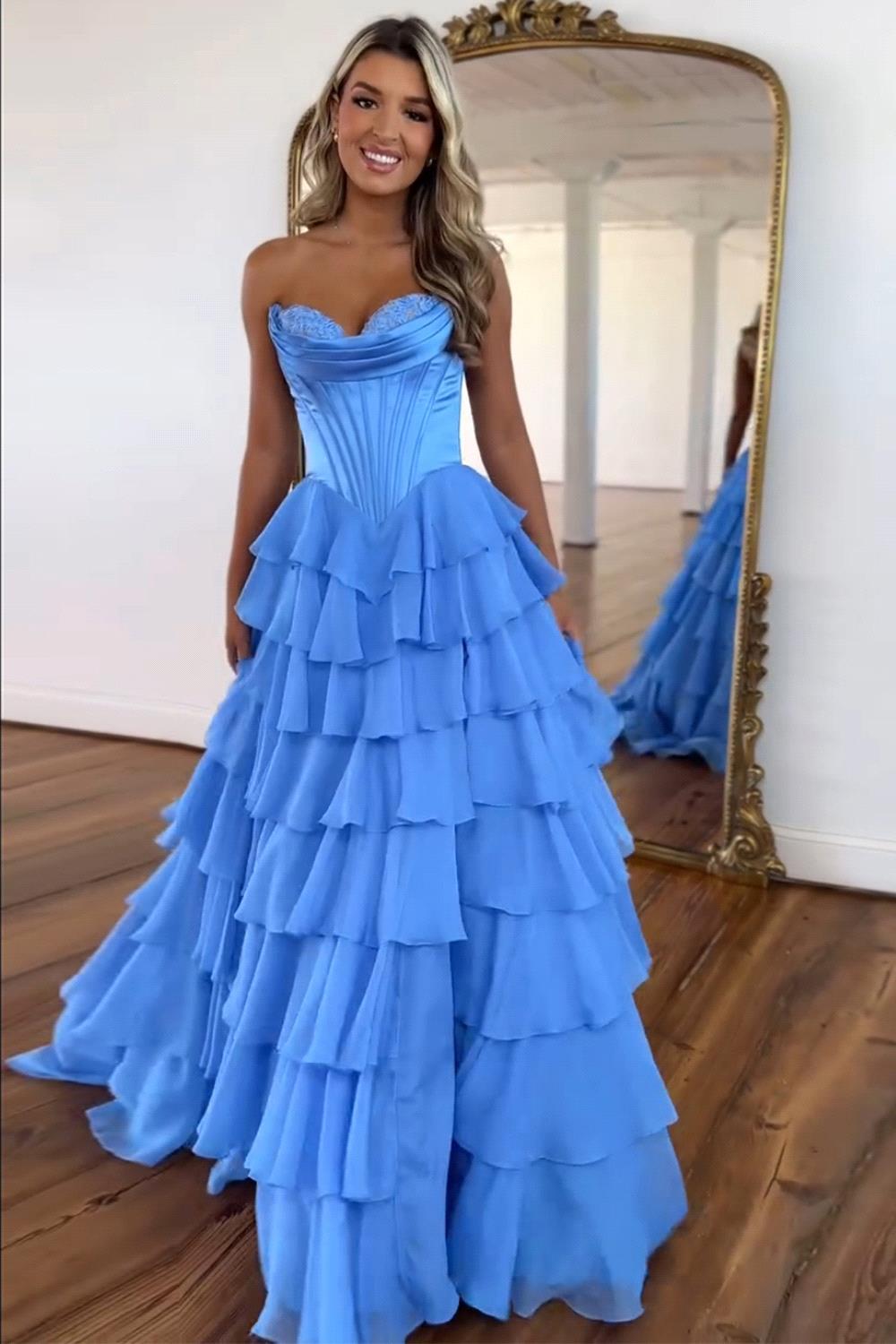 Fantacy Blue Chiffon Mermaid Prom Dresses Sexy Backless Sweetheart Tier Ruffles Long Evening Gowns Women Special Occasion Wears Bc20014 B0312