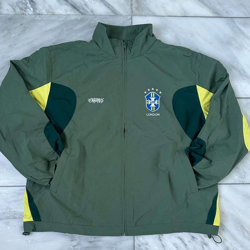 Men's and women's Brazilian printed embroidered casual windbreaker zipper sportswear fashionable pants green