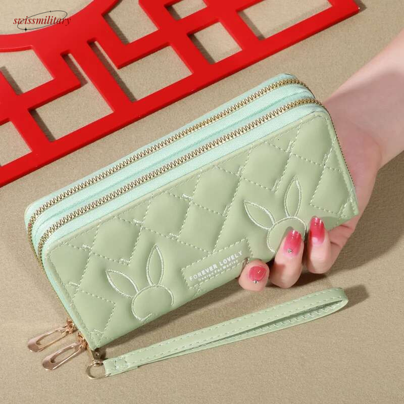 Trendy Solid Color Long Wallet, Double Zippers Clutch Coin Purse, Women's Faux Leather Card Holder With Wristband swissmilitary
