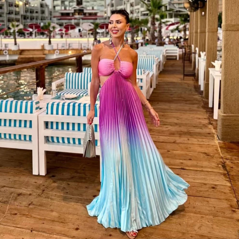 Fashion Gradient Holiday Dress Women Sexy Cut Out Backless Maxi Beach Dresses Summer Casual Loose Pleated Bohemia Outfits 2024 250113