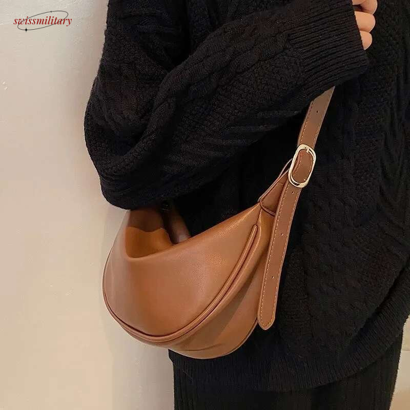 2024 New Fashion Women's Hobos Sac Soft Leather Shoulder Messenger Bags for Women Wide Female Half Moon Purse and Handbags Brand swissmilitary