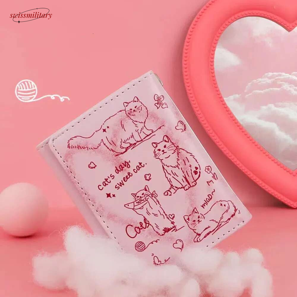 Portable Letter Printed Pink Cat Sewn Pendant PU Zero Wallet Waterproof Spring Rope Short Money Bag Shopping swissmilitary