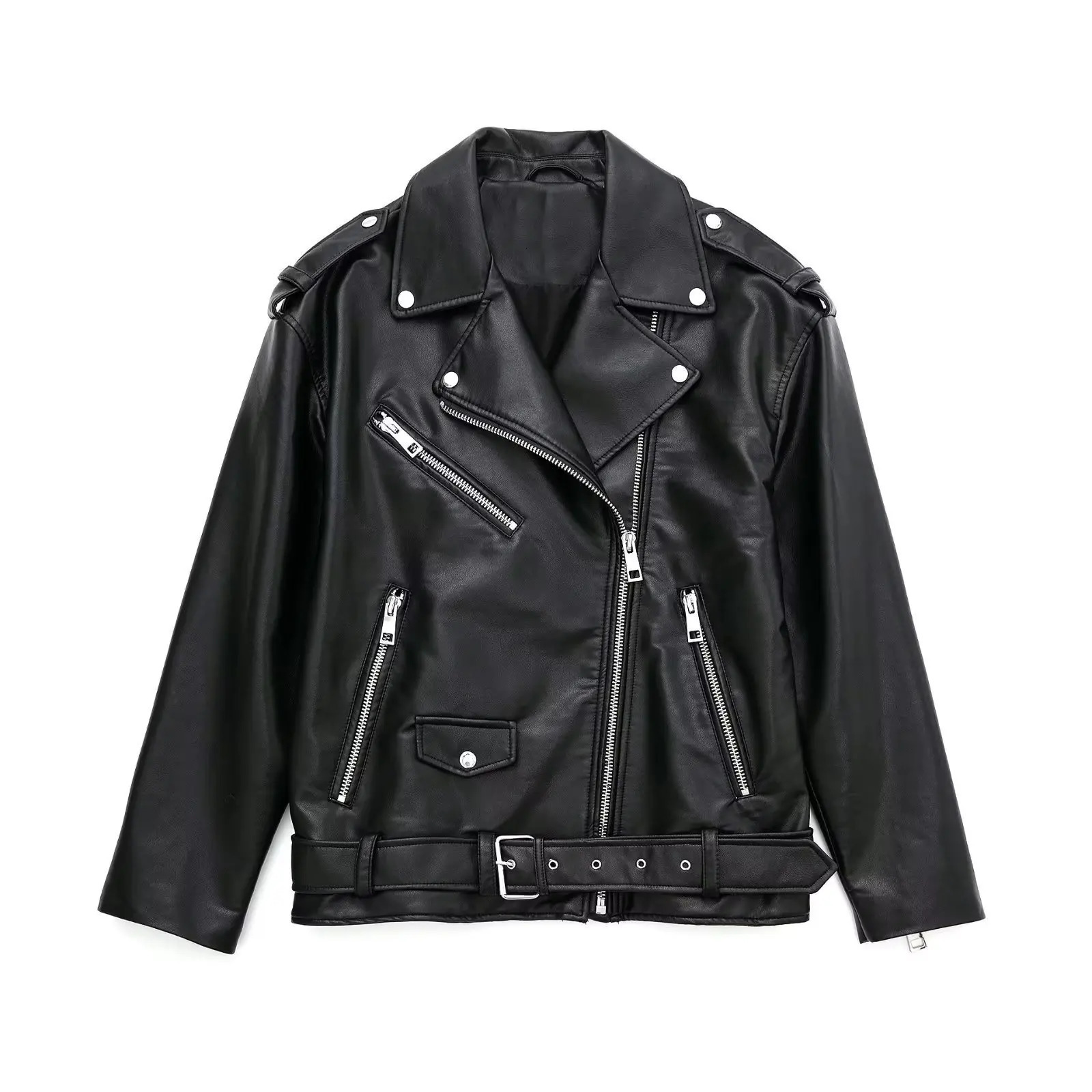 Spring Autumn Womens Leather Jacket Black Lapel Zipper Girl Street Motorcycle Outwears 250113Z