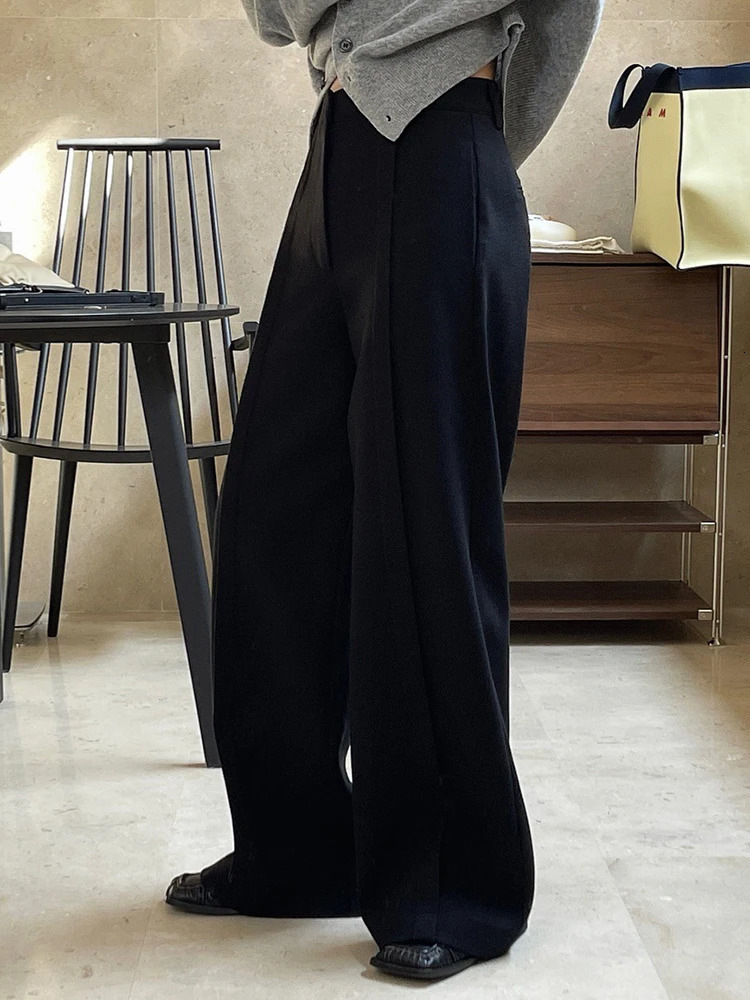 LANMREM Winter Black Pants Women Spliced High Waist Pleated Wide Leg Trousers Minimalism Female Clothing 26D6954 250106