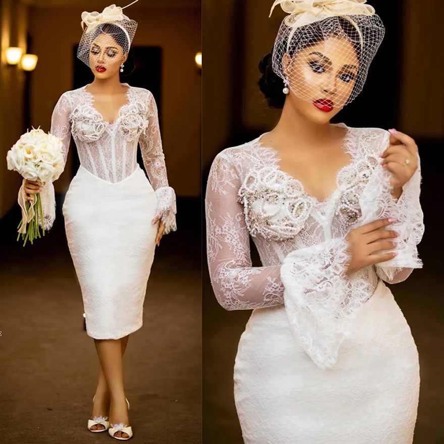 2025 Mermaid Wedding Dresses Bridal Gowns Short Wedding Gowns Illusion Long Sleeves Beaded Lace Pearls Decorated Birdal Dress for African Black Bride 