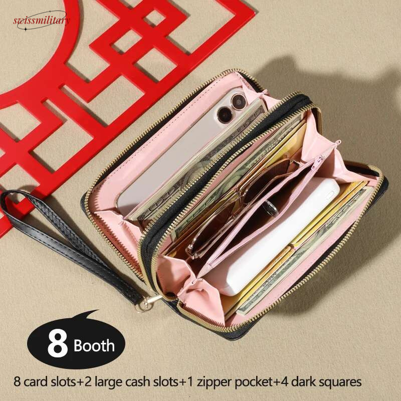 Trendy Solid Color Long Wallet, Double Zippers Clutch Coin Purse, Women's Faux Leather Card Holder With Wristband swissmilitary