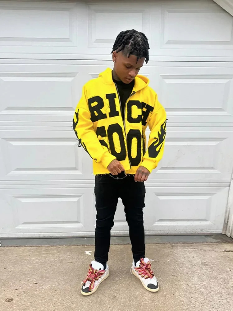 2024 Autumn Pocket Loose Hoodies Jacket Y2k Long Sleeve Zip Up Hooded Sweatshirt Printed Hoodie For Male Trendy men clothing 250110