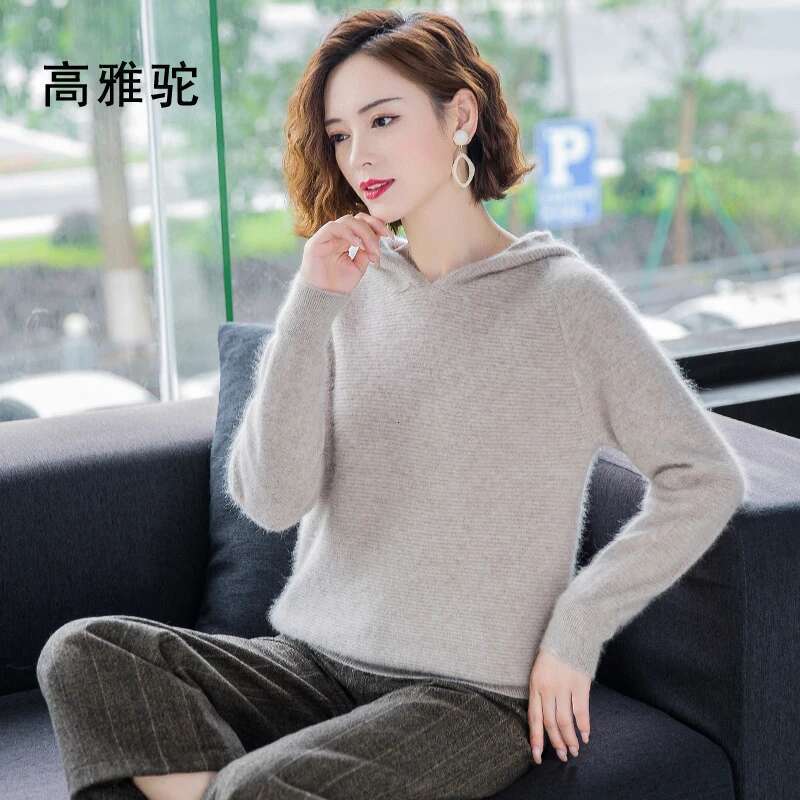 2024 Spring Winter 100%Pure Mink Cashmere Sweater Women Knitted Hooded Lady's Grade Up Jumpers And Pullovers Soft Warm Tops