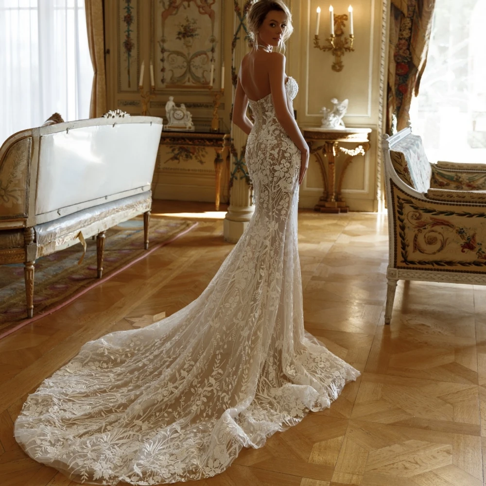 Mermaid Wedding Dresses For Women Sweetheart Neck Sleeveless Gown Lace Pearls Beaded Detachable Train Customized Dress