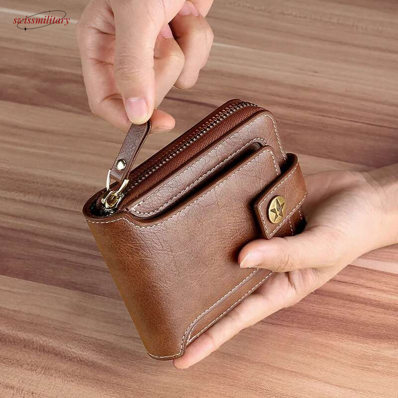 Vintage RFID Blocking Men's PU Leather Short Purse Men Hasp Zipper Clutch Solid Color Credit Card Holder Retro Wallet swissmilitary
