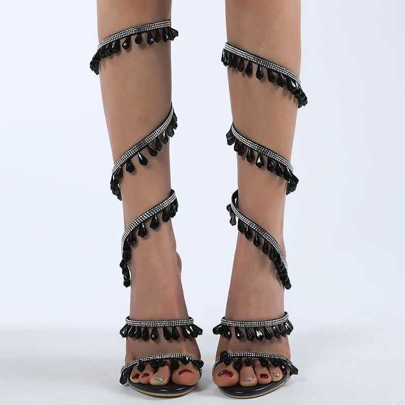 2024 New Snake Wrapped Water Diamd Tassel High Heel Sandals for Women Peep Toe Elegance Fairy Crystal Shoes Wedding ShoesXJ250116