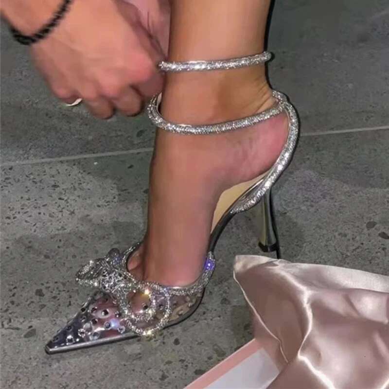 Glitter Rhies Women Pumps Crystal Bowknot Satin hot Sandals 2024 Summer Transparent High Heels Party Prom Designer Shoes