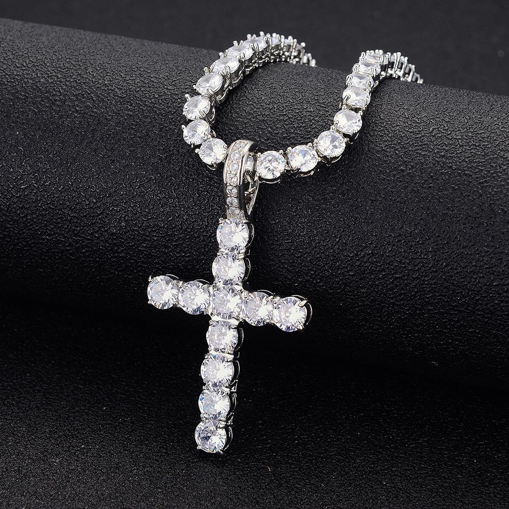 Tennis Chain Moissanite VVS Dia zircon Sier Cross Pendant Necklace for Men & Women 20 in
