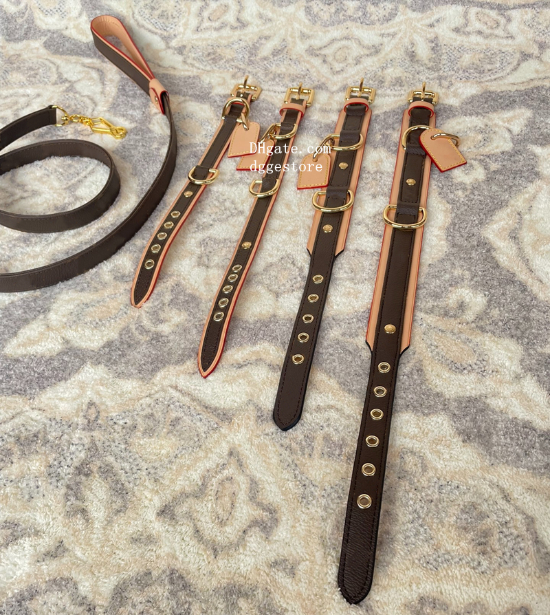Designer Dog Collars and Leash Set Custom Dog Luxury Leather Collar Classic Pet Leashes for Small Medium Large Dogs Yorkies Chihuahua French Bulldog Brown XS B260