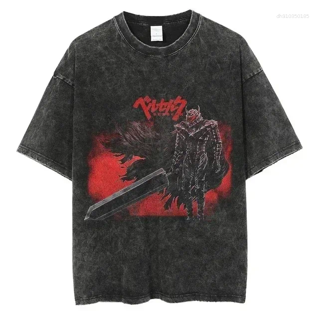 Men's T Shirts Berserk Print Shirt Men Vintage Washed T-Shirt Anime Guts Graphic Tshirt Hiphop Streetwear Tees Summer Casual Clothes