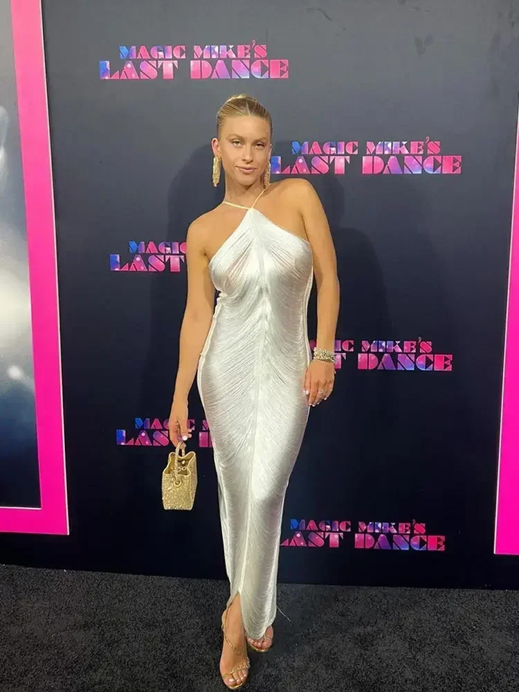 Fashion Tassel Back Slit Halter Evening Dress Women Sexy Off Shoulder Sleeveless Long Dress Female Chic Party Vestidos 250114
