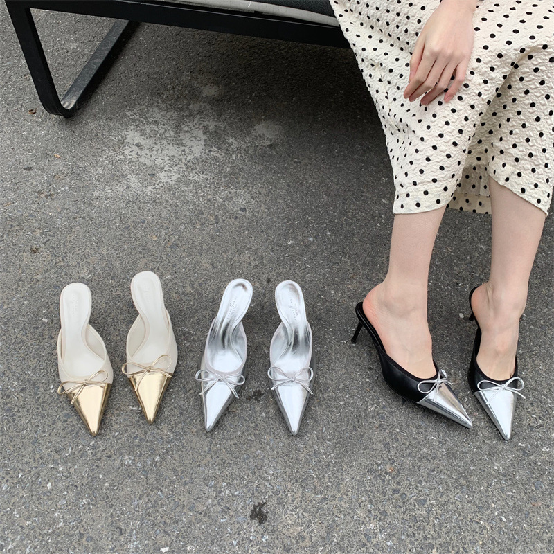 Designer Butterfly-knot Pointed Toe Mules Slipper For Women Fashion Shallow Thin High Heels Female Shoes EU35-39