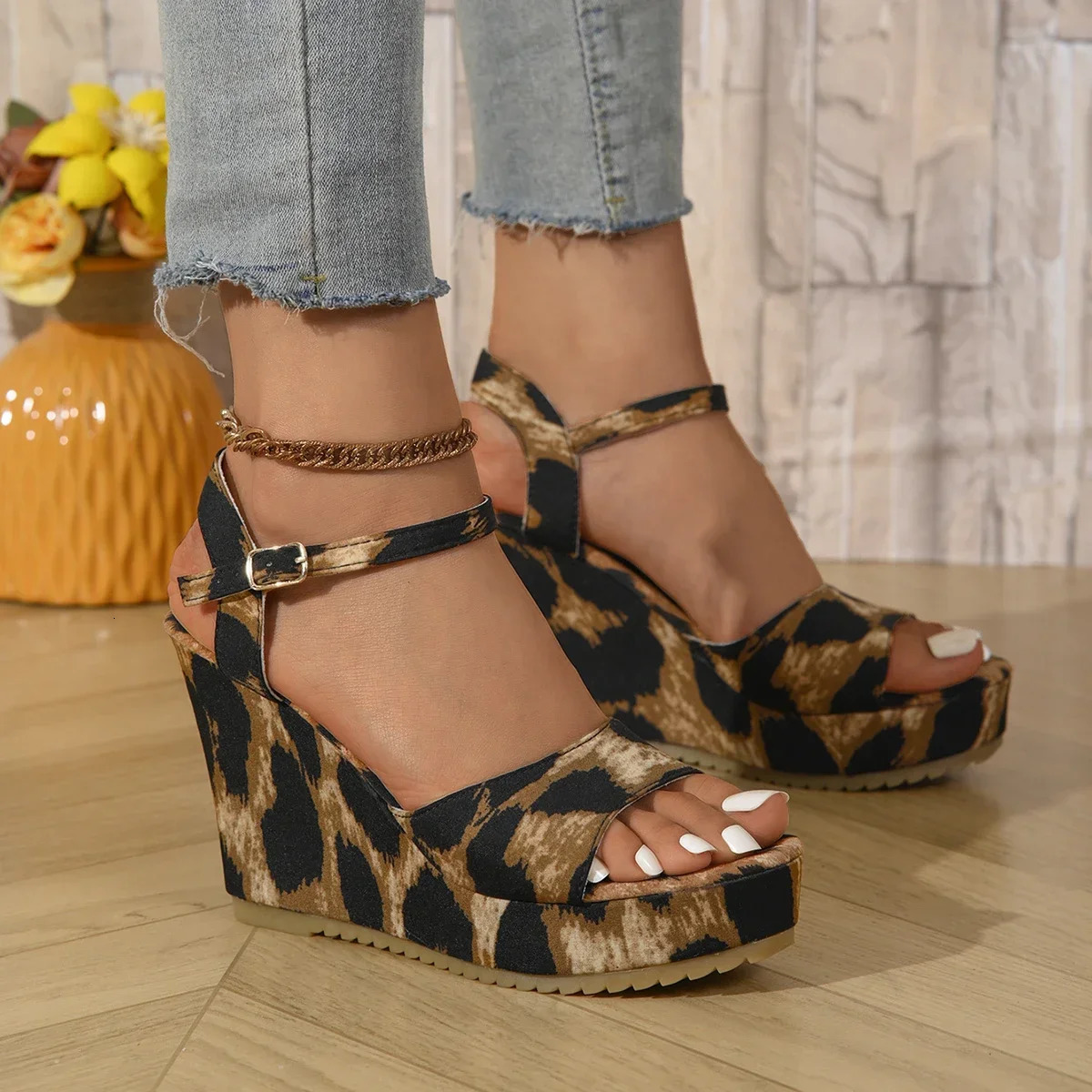 Wedges Sandals for Women High Heels Beach Shoes Summer Sexy Open Toe Leopard Broad Band Buckle Strap Platform Sandales 250115