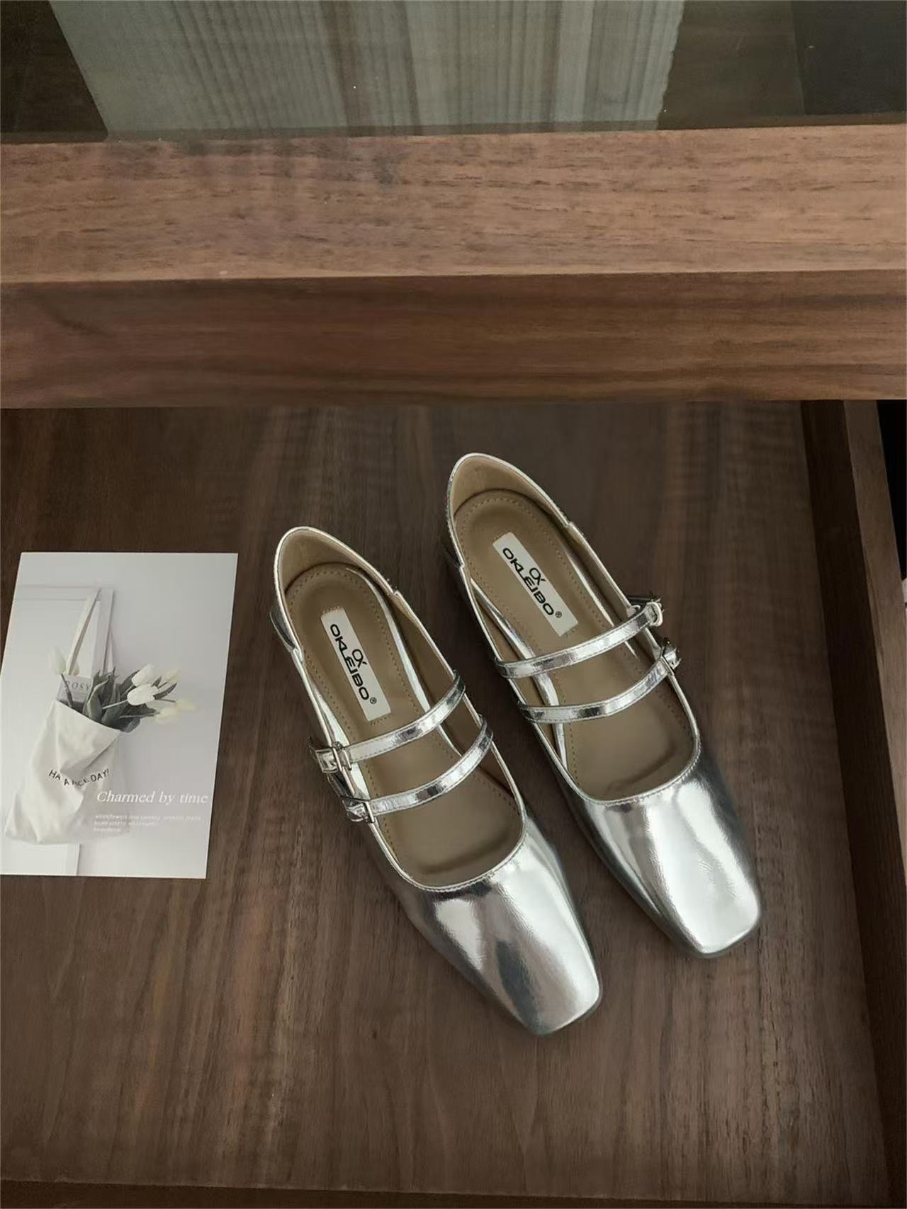 Fashion Flat Solid Shoes Women 2024 High Quality PU Autumn Spring Basic Mary Janes Heel Square Toe Pumps Double Ble