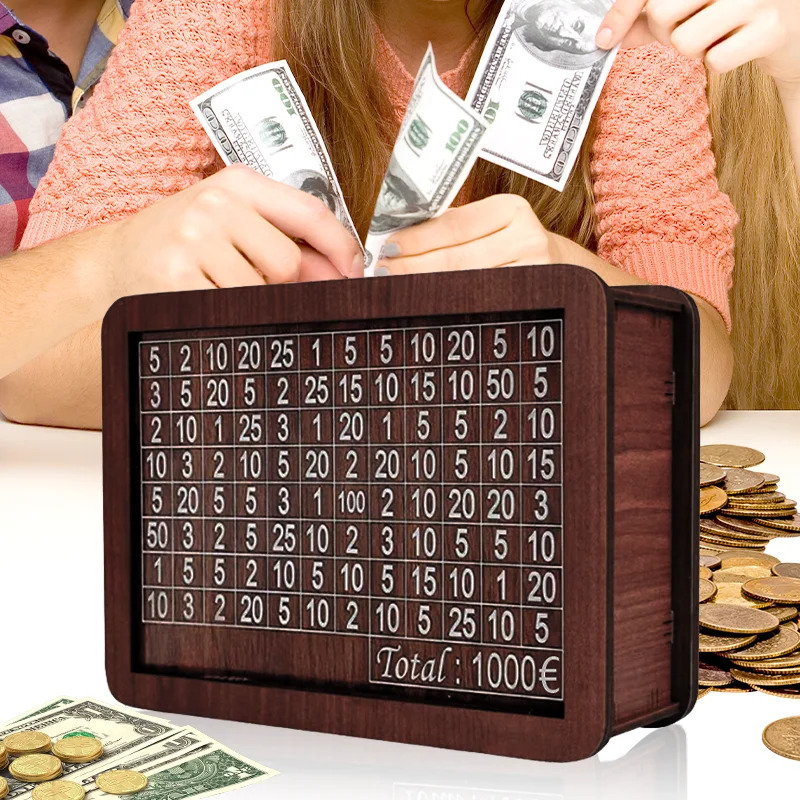 Money Box Wooden Piggy Bank Savings Challenge Box Coin Tray Storage Case Childrens Purse Deposit Reusable 1000~10000 Euro 250114