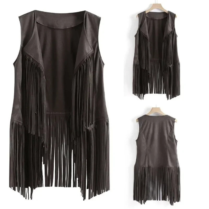 Fringe Vest Soft Cow Vest Sleeveless Cropped Fringe Jackets Brown Tassel Vest Hippie Costumes 250113