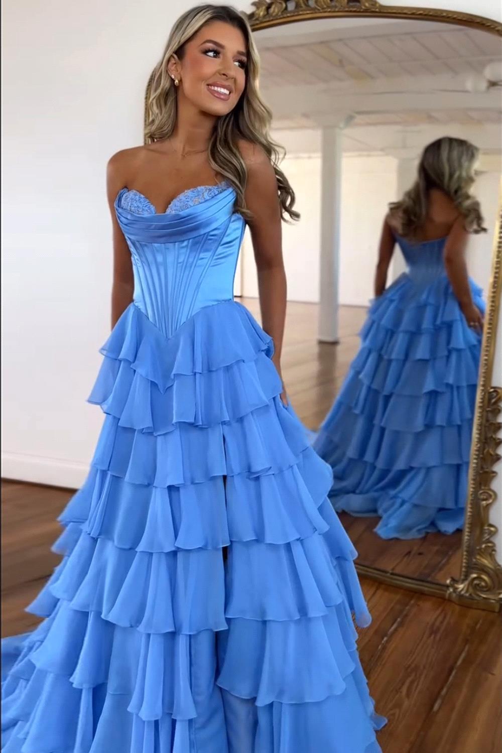Fantacy Blue Chiffon Mermaid Prom Dresses Sexy Backless Sweetheart Tier Ruffles Long Evening Gowns Women Special Occasion Wears Bc20014 B0312